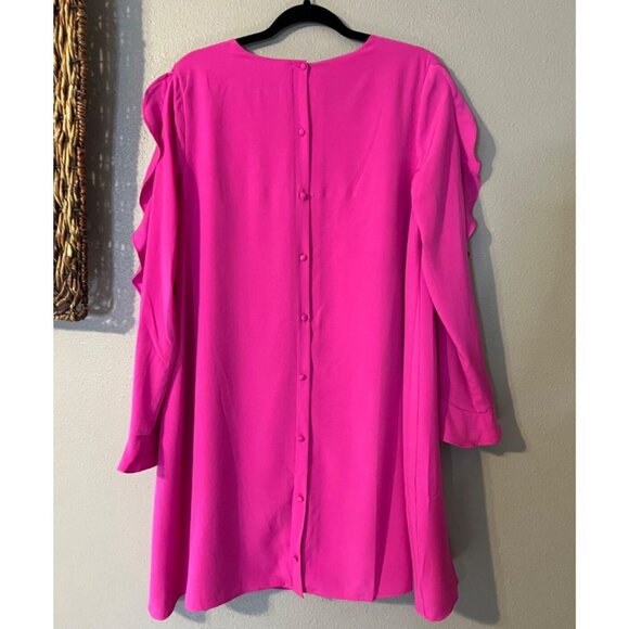 CeCe Shift Dress 10 Pink Long Ruffle Sleeve Faux Silk Career Church Washable - Picture 5 of 12